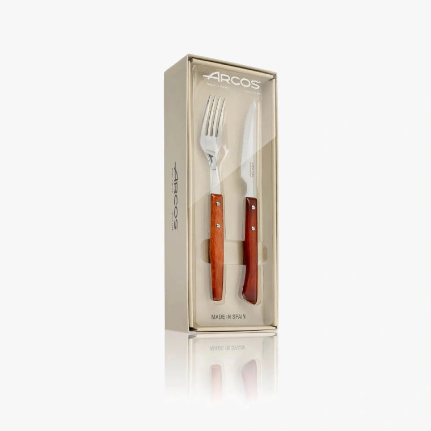 ARCOS Cuchillos Para Mesa|Juego 6 pzas. Cuchillos Chuleteros y 6 pzas. Tenedor Madera de Haya Comprimida